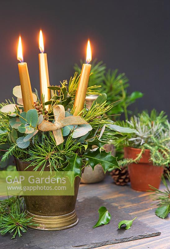 Christmas arrangement with three gold candles, Eucalyptus, Ilex  and   Pinus foliage in brass bucket.