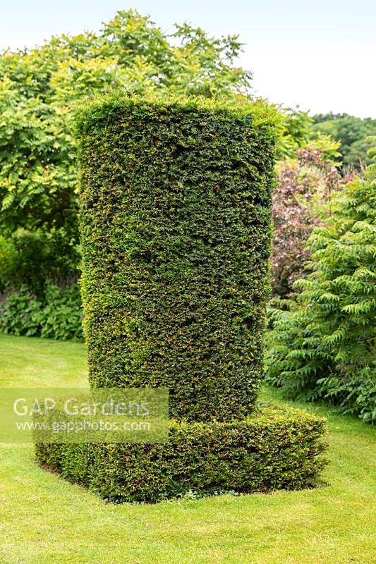 Clipped topiary Yew column - Taxus baccata - in the Silent Garden at Scampston Hall Walled Garden, North Yorkshire, UK. 