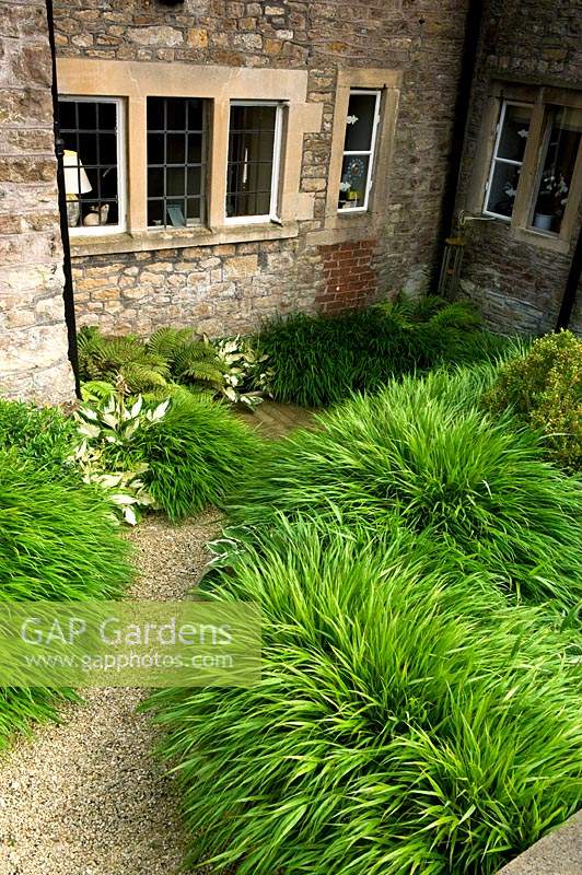 Ferns, hostas and grasses in shaded area next to stone cottage.
