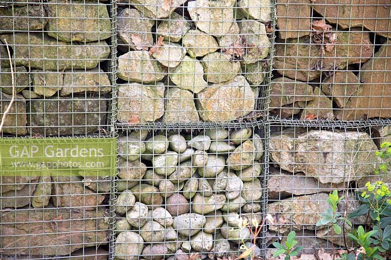 Stone filled gabions at Birmingham Botanical Gardens and Glasshouses, March