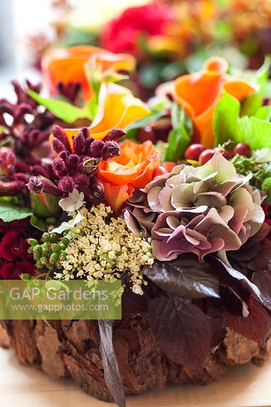 Assorted flower heads and foliage in bark container: Hydrangea, Anigozanthus and Calla