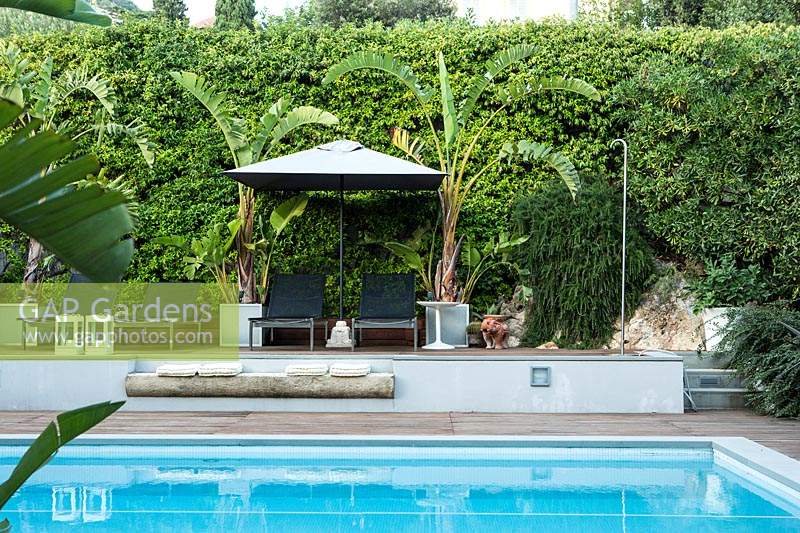 Swimming pool and seating area, in Italian villa. Borgio, Liguria, Italy