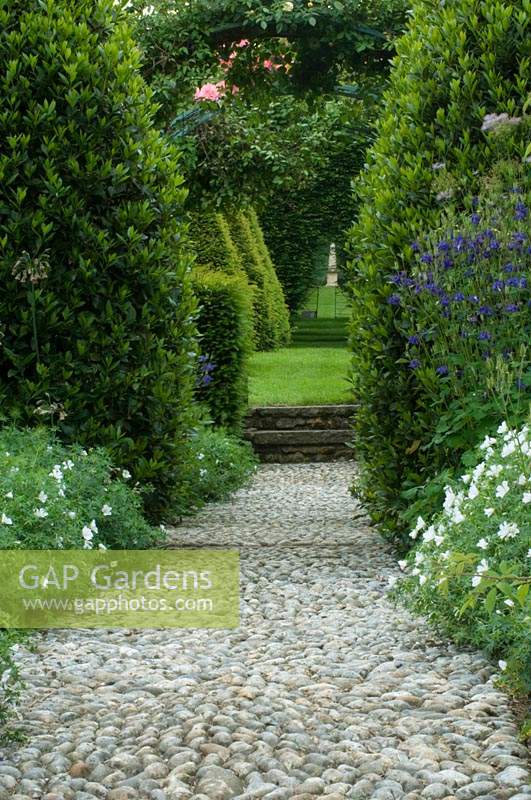 Cobbled pathway through formal country garden with steps up to lawn area