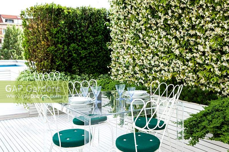 Table and chairs in modern terrace garden.
