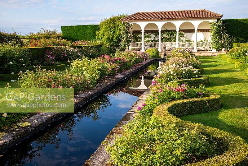 View of the rill with rose beds and curved Buxus - Box edging on either side, in The Renaissance Garden 