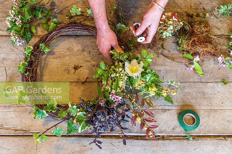 Man attaching bundle of winter foliage and flowers to rustic wreath form. 