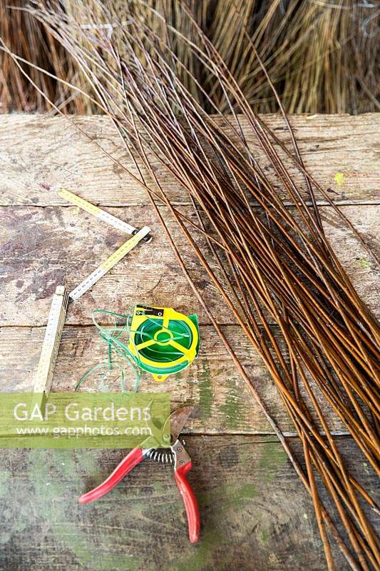 Tools and materials to make a woven willow sphere. 