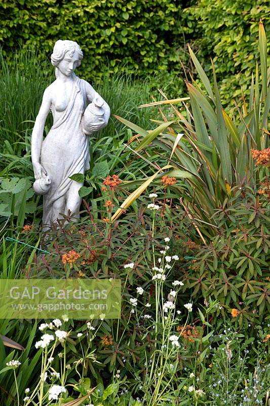 Female figure in border with Euphorbia griffithii and other perennials 