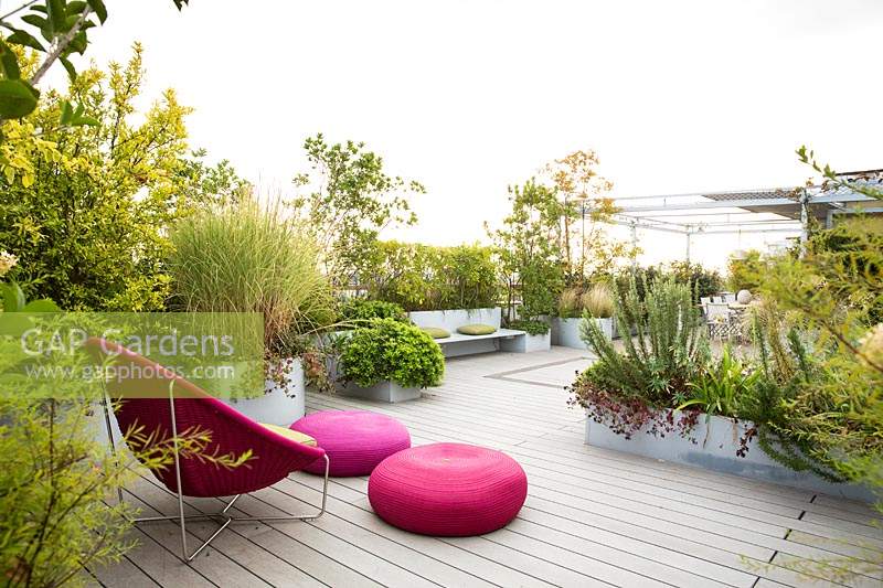 Terrace with decking and bright pink chair and cushions surrounded by autumnal shrubs and plants