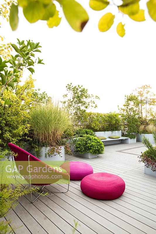 Terrace with decking and bright pink chair and cushions surrounded by autumnal shrubs and plants