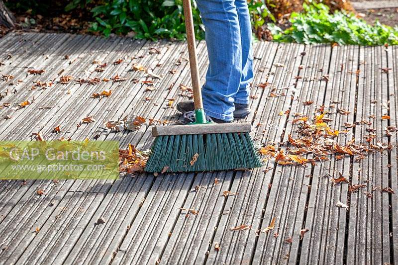 Sweeping fallen leaves off wooden decking with a brush in early autumn to prevent it getting slippy. 
