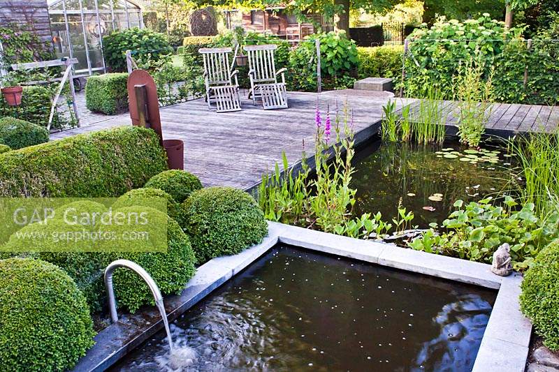 Relaxing area on decked patio by a ponds, upper pond formal with water spout and Buxus - Box - ball topiary and lower pond with marginal and aquatic plants