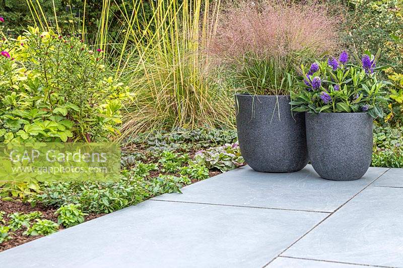 Slate patio with pot plants surrounded by bed with mixed planting