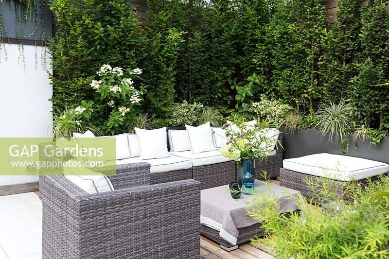 Outdoor lounge area in terrace garden, surrounded by lush planting.