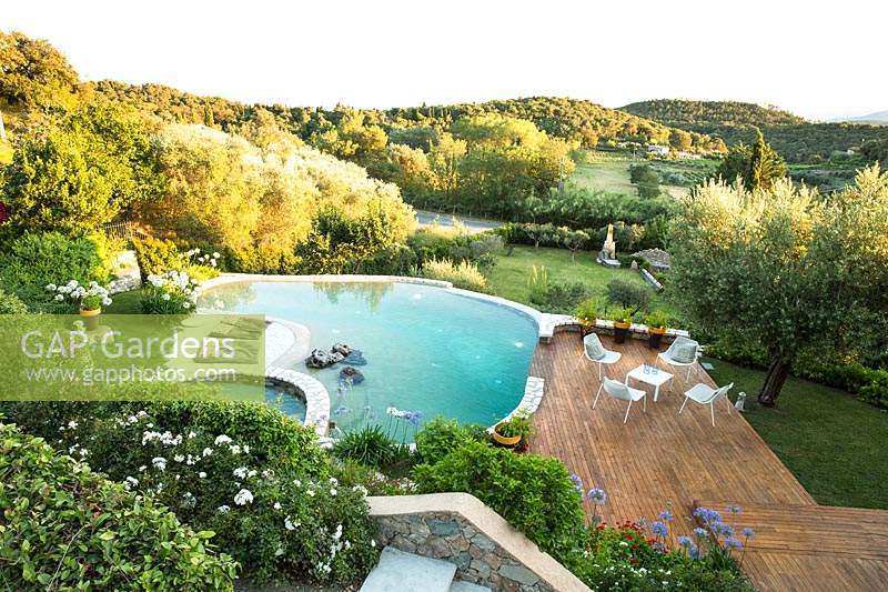 Overview of swimming pool and deck set in surrounding landscape of trees