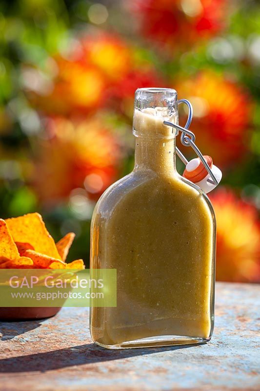 Garcia's green chilli sauce in a bottle with tortilla chips