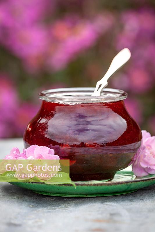 Jar of petalberry strawberry jam made with rosewater and scented rose petals