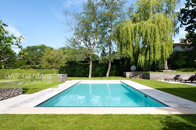 Modern garden with swimming pool, paved edge surrounded by lawn