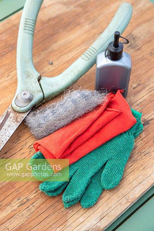 Garden Shears in need of maintenance with cleaning materials