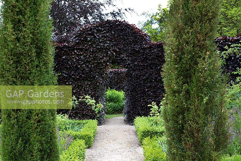 View through pair of Taxus - Fastigiate Yew - to different types of hedging: Fagus sylvatica - Beech hedge with arch and Buxus - Box - edging around beds 