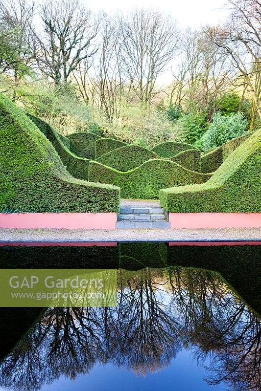 The Reflecting Pool and Hedge Garden. Wave-form cut Hedges of Taxus baccata 'Yew'.  