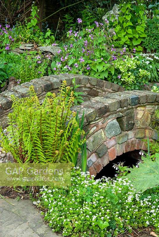 Footbridge over stream with Fern, Galium odoratum - Woodruff  and Lunaria - Honesty - Alchemy Gardens, RHS Malvern Spring Festival. 