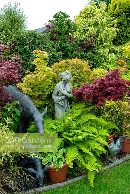 Border of mixed Acers, Ferns, Hostas and Grasses with classical and modern statuary - Open Gardens Day, Shottisham, Suffolk.
