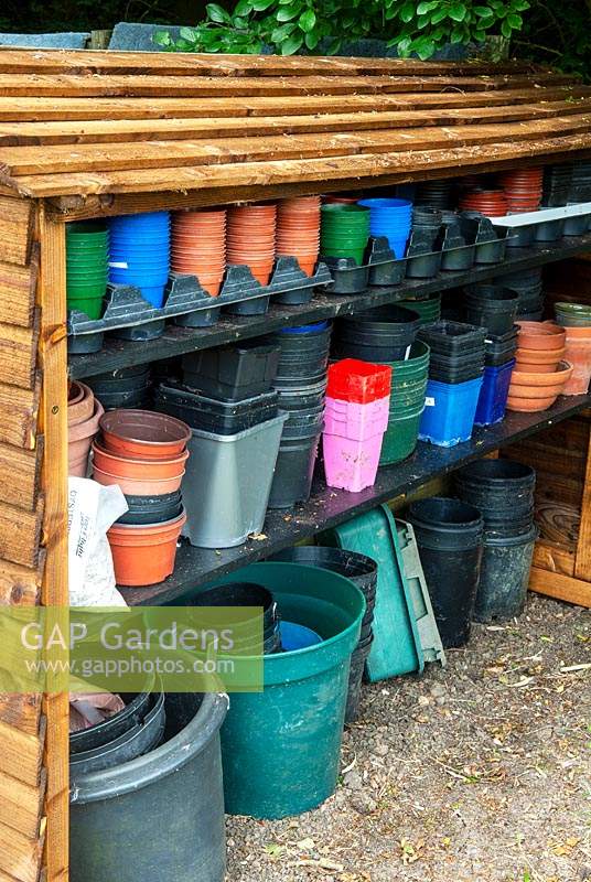 Tidy storage of pots and trays - Open Gardens Day, Earl Stonham, Suffolk