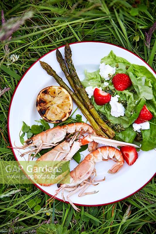 Plate with freshly cooked prawns and vegetables plus salad