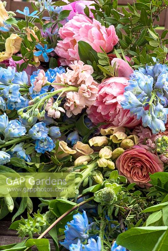 Bouquet of mixed flowers - Peonies, roses, Digitalis, Delphiniums and stocks