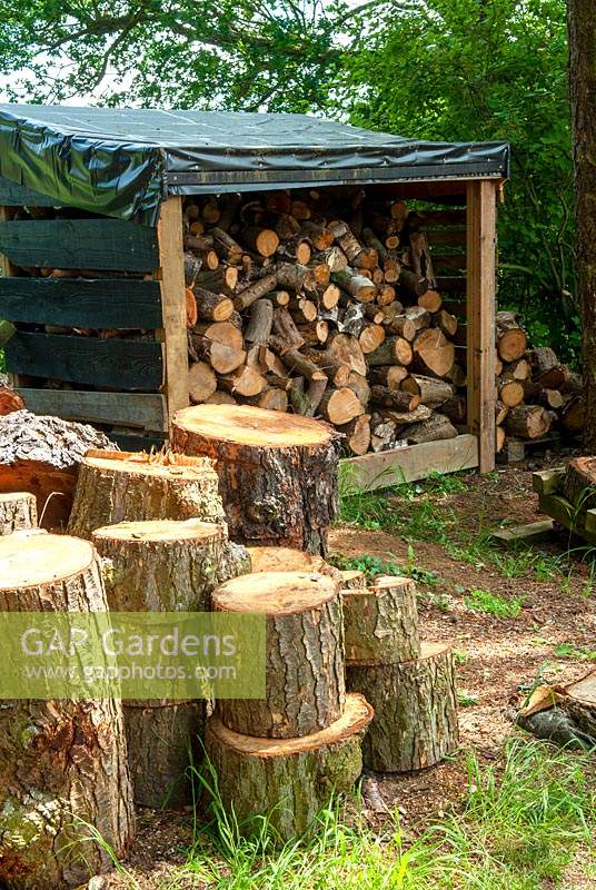 Large logs stacked near woodstore - Open Gardens Day, Bromeswell, Suffolk