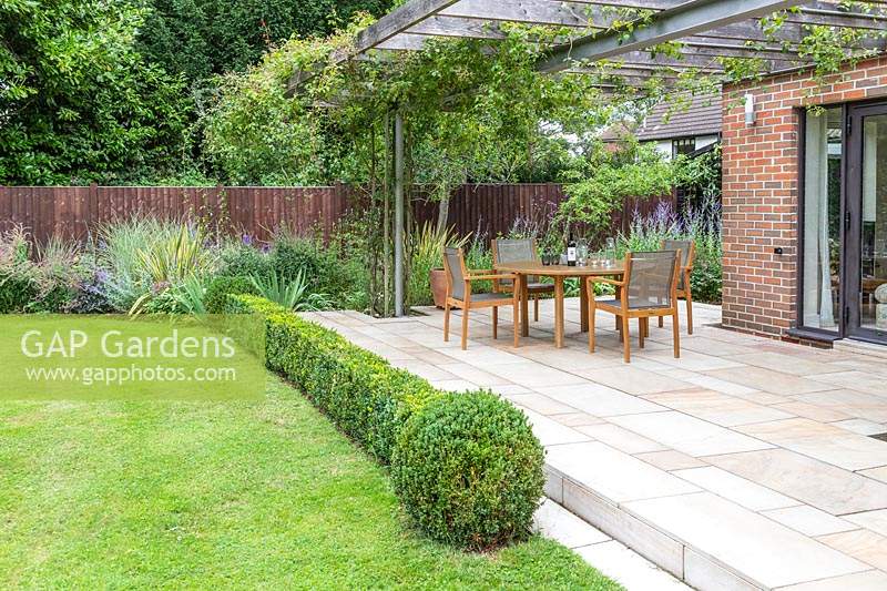 Sandstone Patio and metal and wood pergola with climbers running along house, edged with Buxus hedging, wooden dining furniture
