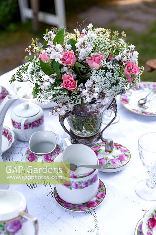 Garden table set for afternoon tea