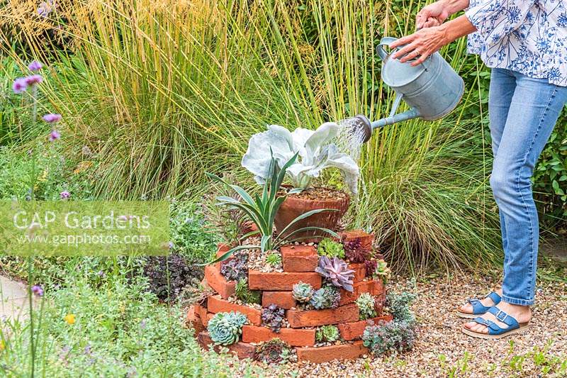Woman using watering can to water finished succulent tower
