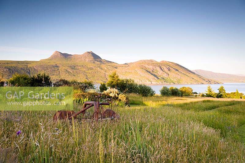 View of Scottish meadow garden, by Little Loch Broom, Wester Ross, with mountains beyond.