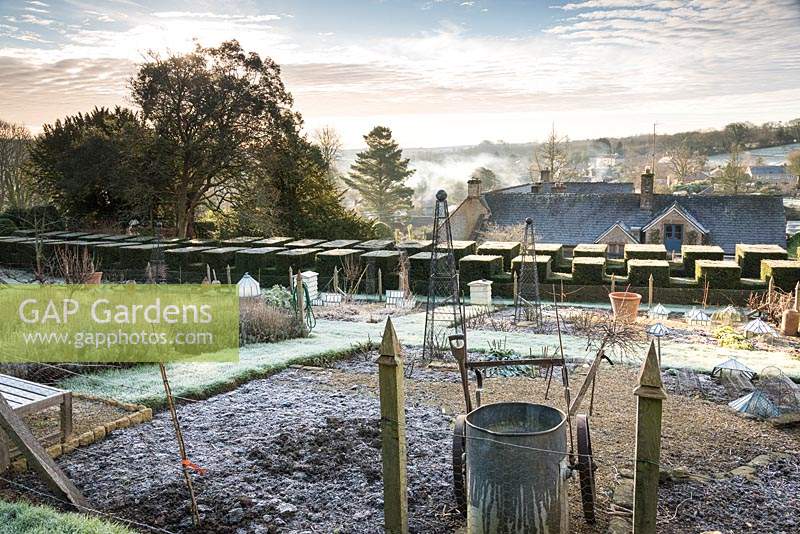 Formal vegetable garden at the Old Rectory, Netherbury in January with glass cloches, terracotta pots and metal obelisks surrounded by a simple chickenwire fence.