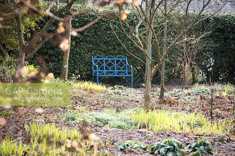 Blue painted metal bench at the Old Rectory, Netherbury, UK. 