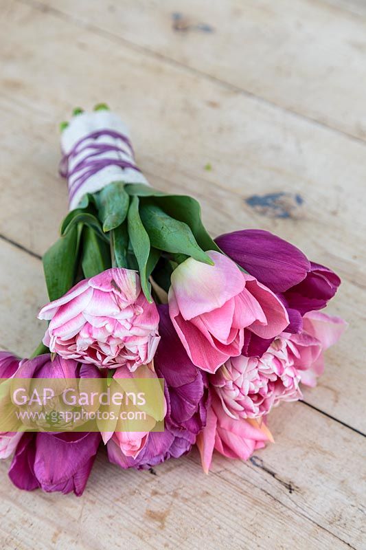 Spring floral bouquet of mixed Tulips with hessian and matching ribbon