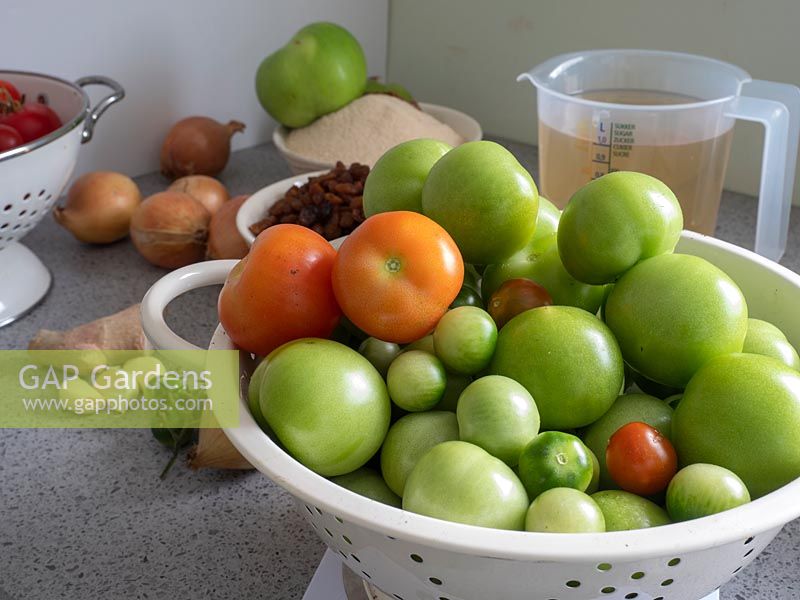 Preparing ingredients for Green Tomato Chutney 
