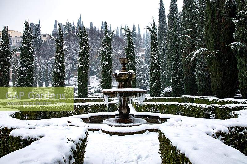 Frozen water fountain at centre of a French-style parterre, Cupressus - Cypress - trees beyond