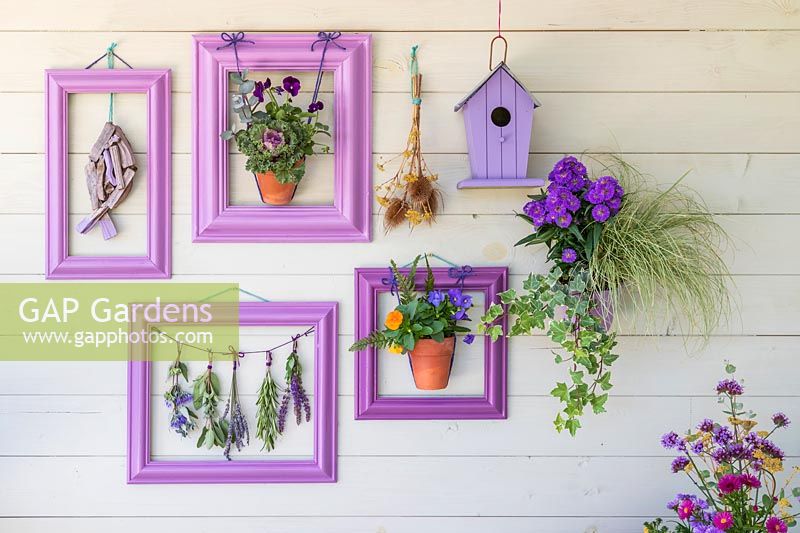Purple themed wall display including painted birdhouse, driftwood fish, pots of Violas and bunches of drying flowers