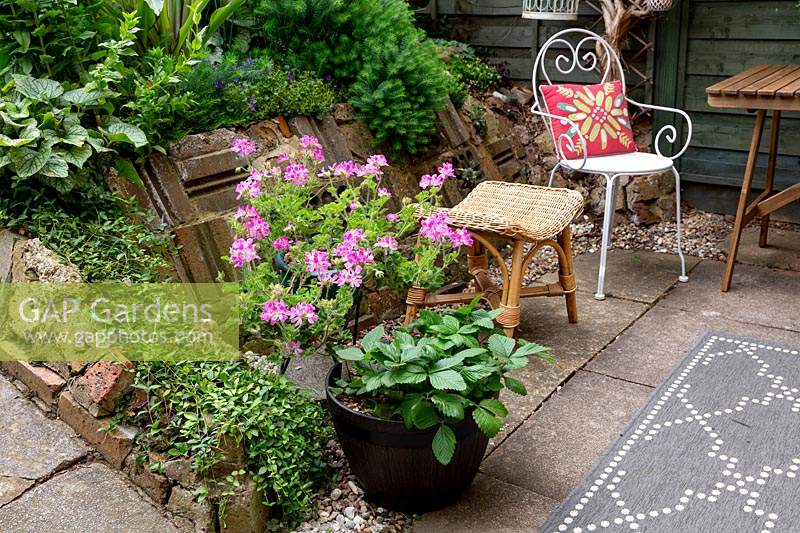 Patio with seating and summer bedding in containers