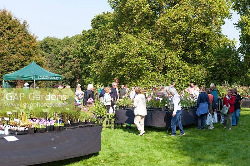 Plant stalls and visitors at a rare plant fair Monmouthshire, Wales, UK. September 2020 during Covid 19 pandemic.