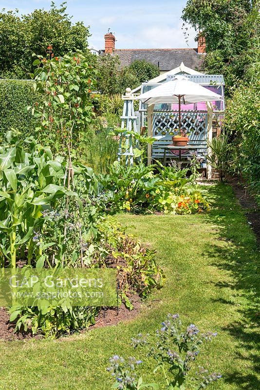 Small garden with view to arbour seat and parasol, grass path past vegetable borders