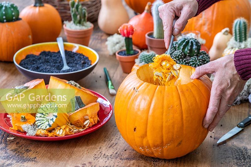 Woman using a spoon to hollow out a pumpkin removing seeds and pulp.