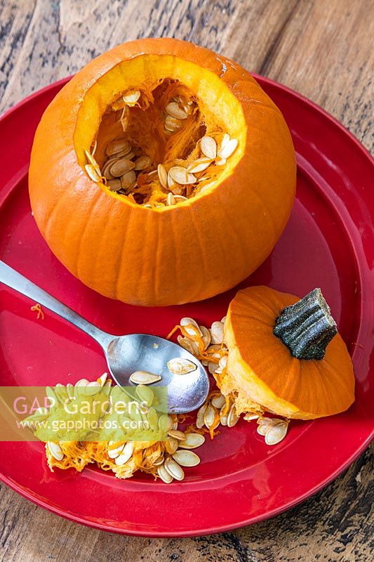 Hollowed out pumpkin on red plate with spoon, pulp and seeds