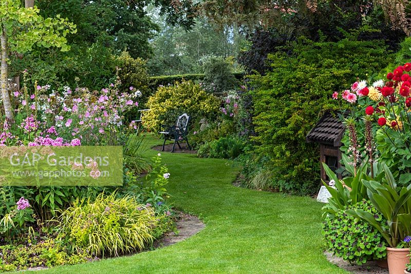 Views through a half-acre country garden past borders of summer herbaceous perennials and pots of dahlias, along a wide curving grass path to a bench in the shade of a tree.