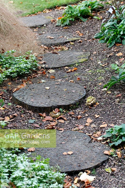 Natural log stepping stones covered in chicken wire to prevent slipping 