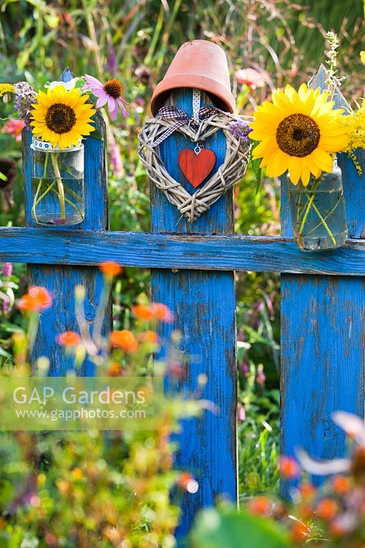 Floral glass jar with sunflowers hanging on a blue painted wooden gate.