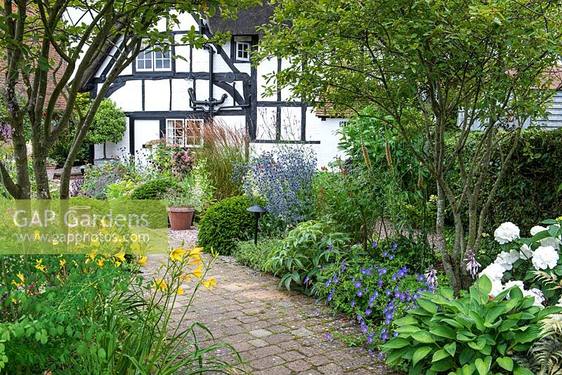 A brick path cuts diagonally through the garden, passing by two multi-stemmed Amelanchier lamarckii underplanted with perennials, to arrive at a cottage